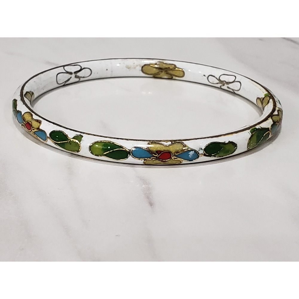 LARGE VINTAGE WHITE ENAMEL CLOISONNE CHAMPLEVE ORIENTAL FLOWERS BANGLE BRACELET